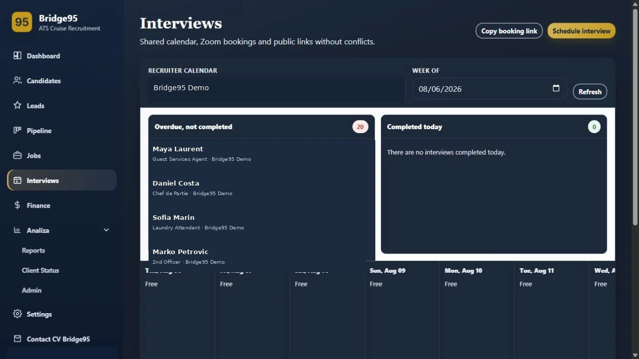 Recruiter interview calendar with fictional bookings