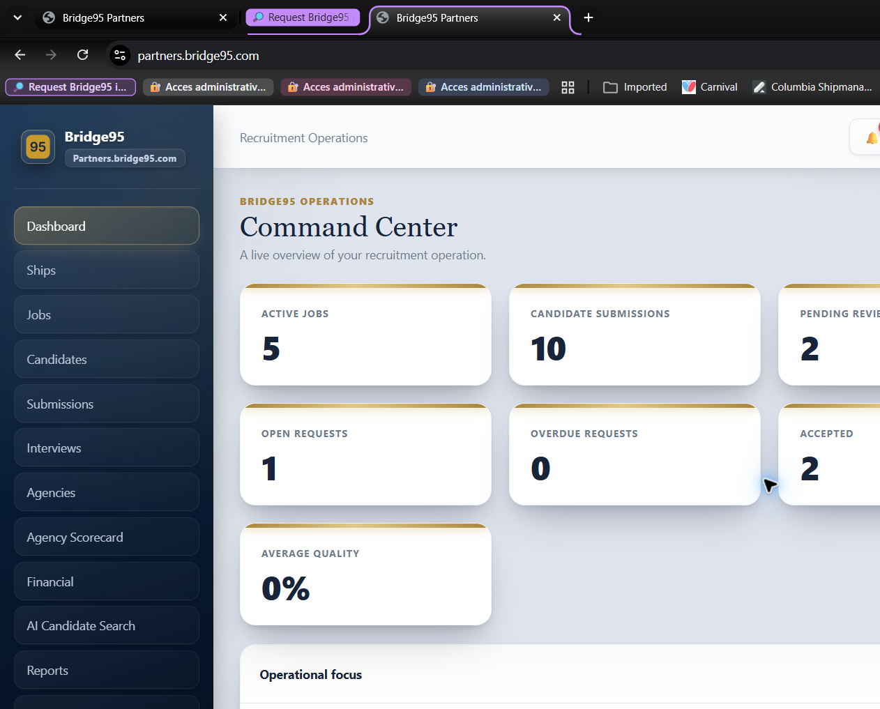 Partners Bridge95 Command Center with ships, jobs, candidates, submissions, agencies and financial modules